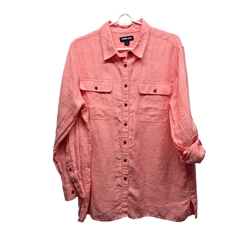 Lands End Womens Linen Button Up Tunic XL/18 Roll Tab Coastal Cottagecore Pink